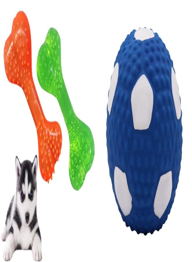 PET FUN لعبة مضغ عظمة مطاطية ناعمة مدببة من بيت فن للكلاب والجراء | كرة مطاطية غير سامة لتنظيف الأسنان تصدر صوتاً للكلاب والقطط | مجموعة ألعاب كرة قدم للمضغ والجلب (قطعتان) - Image 1